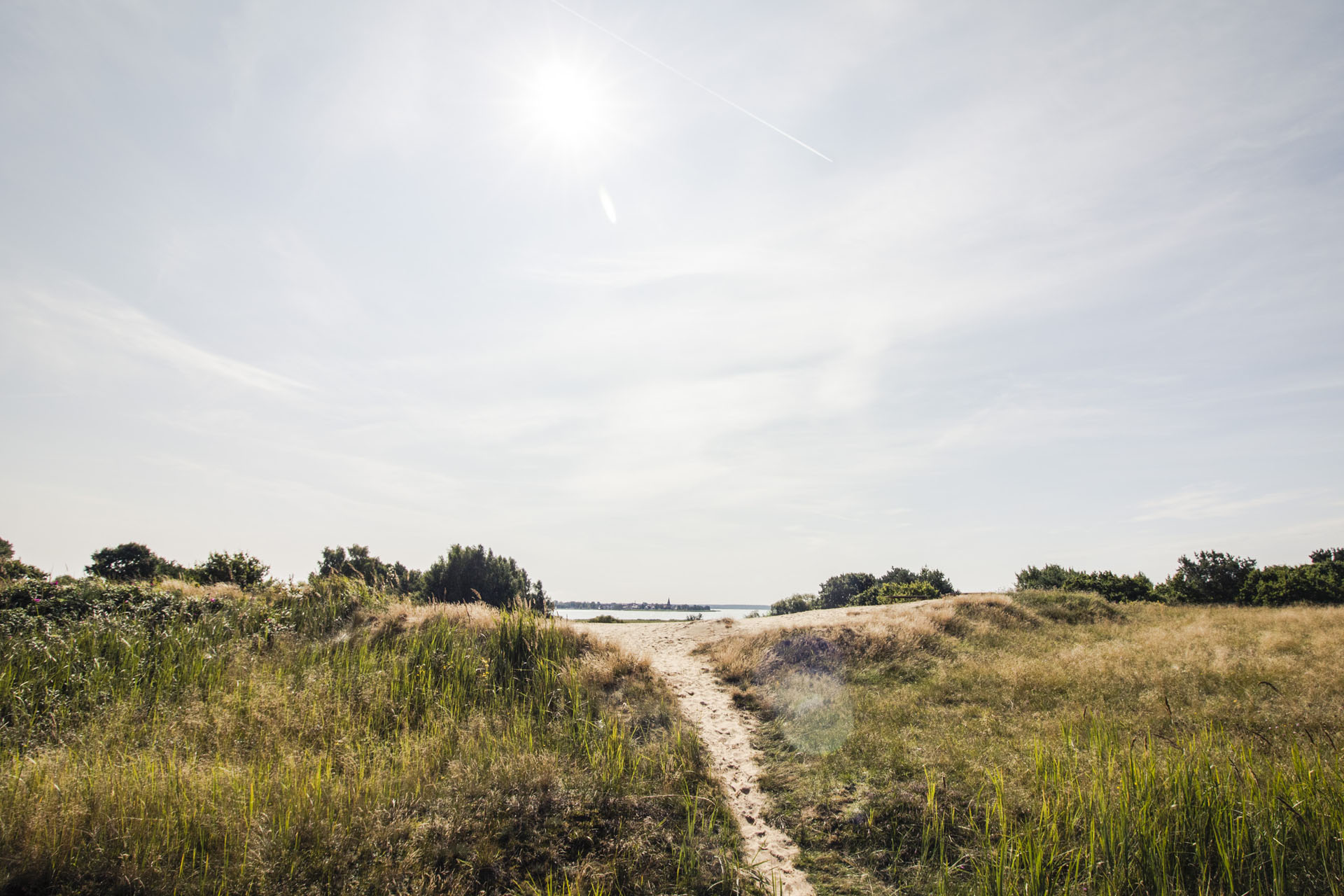 Trampelpfad auf Sanddüne mit Blick aufs dahinterliegende Haff